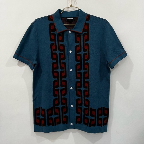 Express Sweater Polo Size Medium Geo Pattern Twilight Teal Short Sleeve Cotton - Picture 1 of 8